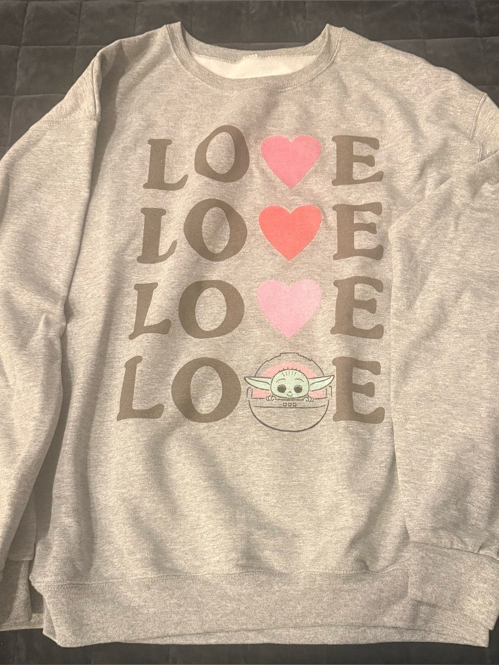 Disney Gray Crewneck Sweatshirt with Pink Hearts & Baby Yoda